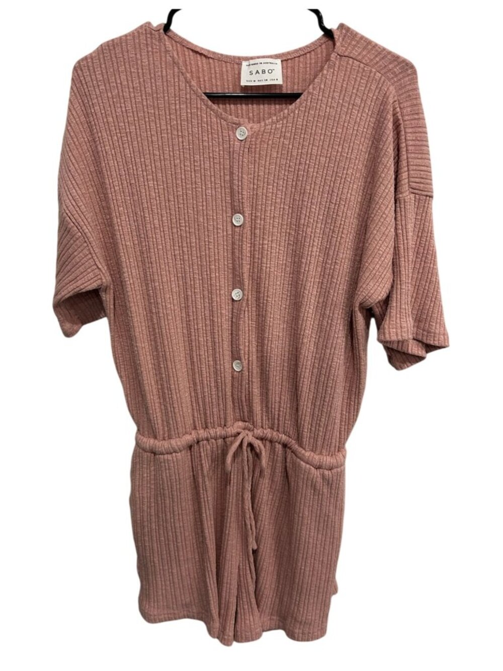 Sabo Medium Mauve Ribbed Button Front Romper Drawstring Waist Cozycore Soft Girl